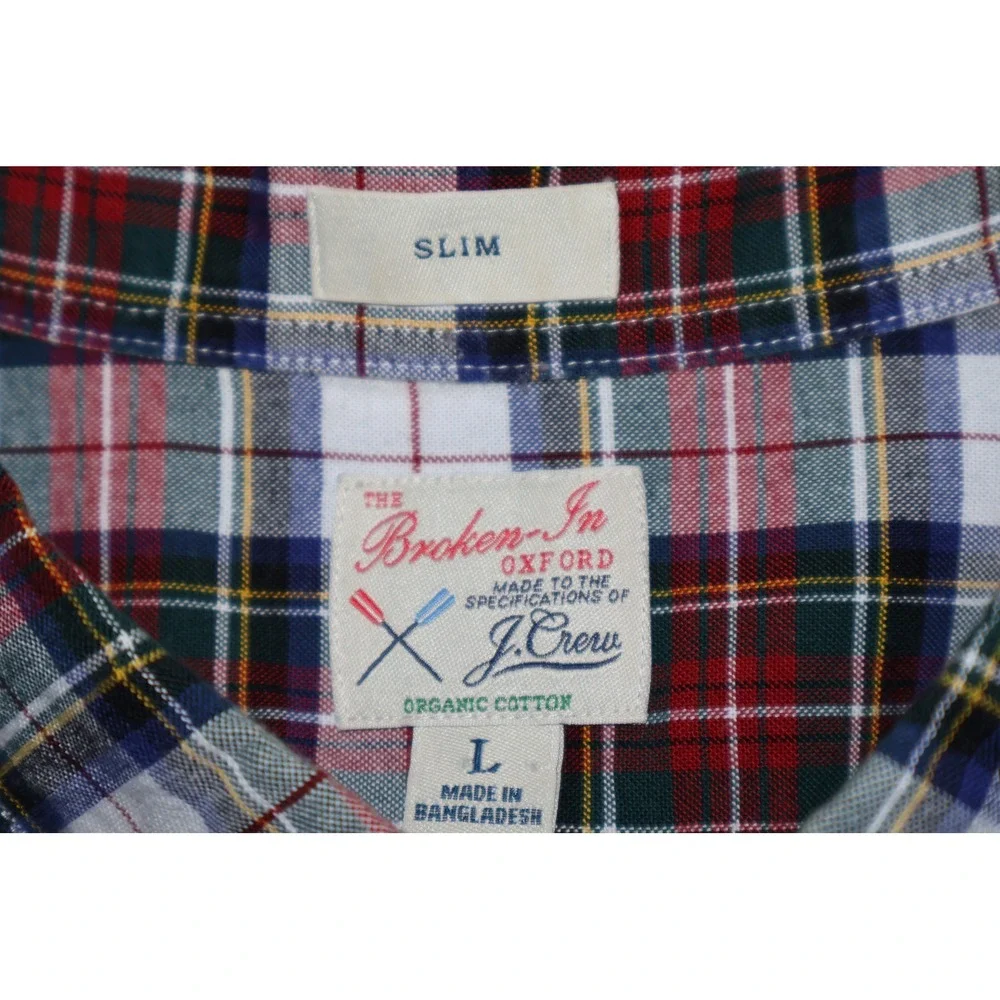 J.Crew Button Down Shirt Mens Large Red Green Plaid Broken-In Oxford Slim Fit
